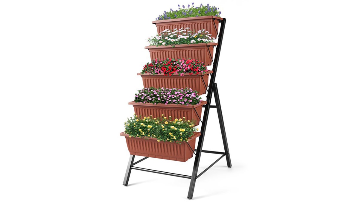 Plant vertically with a sturdy metal frame and plastic planters.