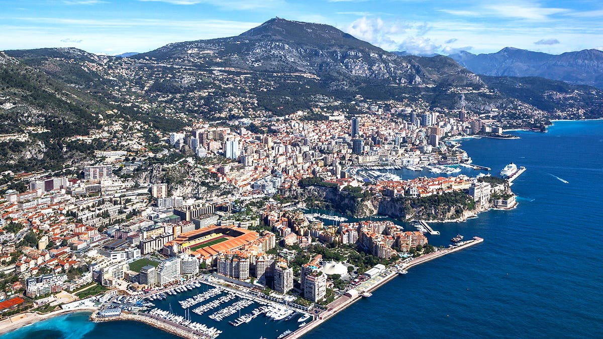 Aerial view of Port de Cap d'Ail, Fontvieille, Stade Louis 2, and Le Rocher