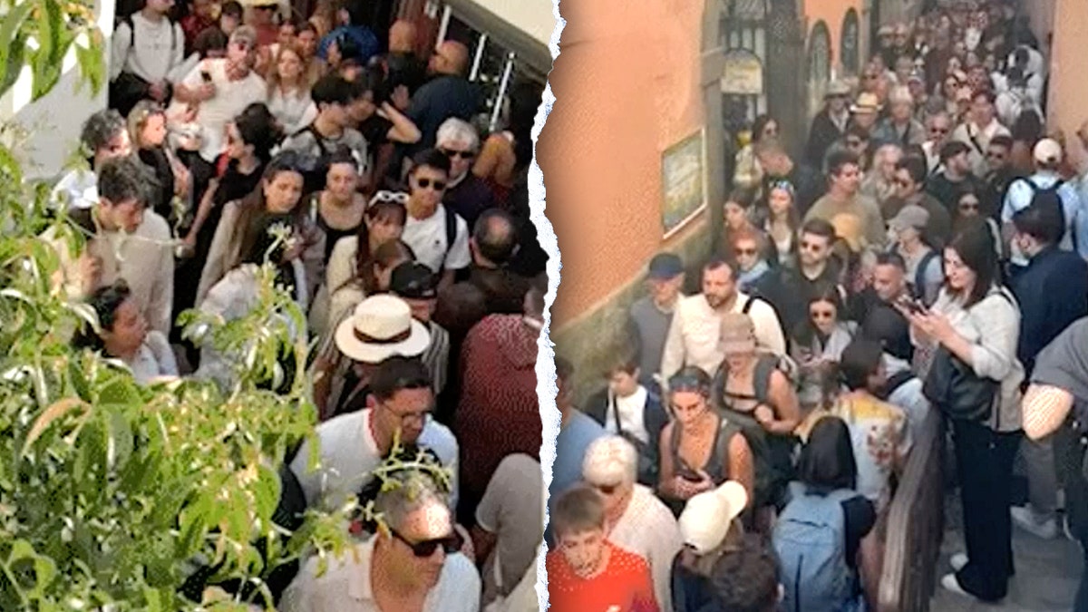 Split image of packed crowds in Positano