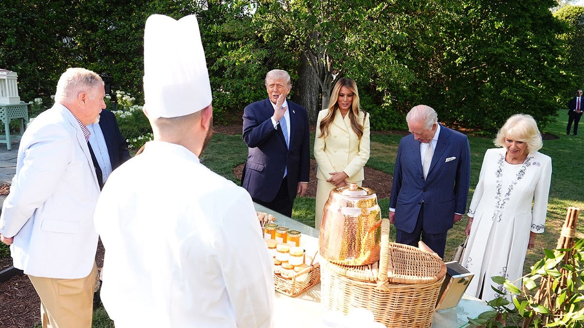 President Donald Trump and Melania Trump with King Charles III and Queen Camilla on the White House South Lawn