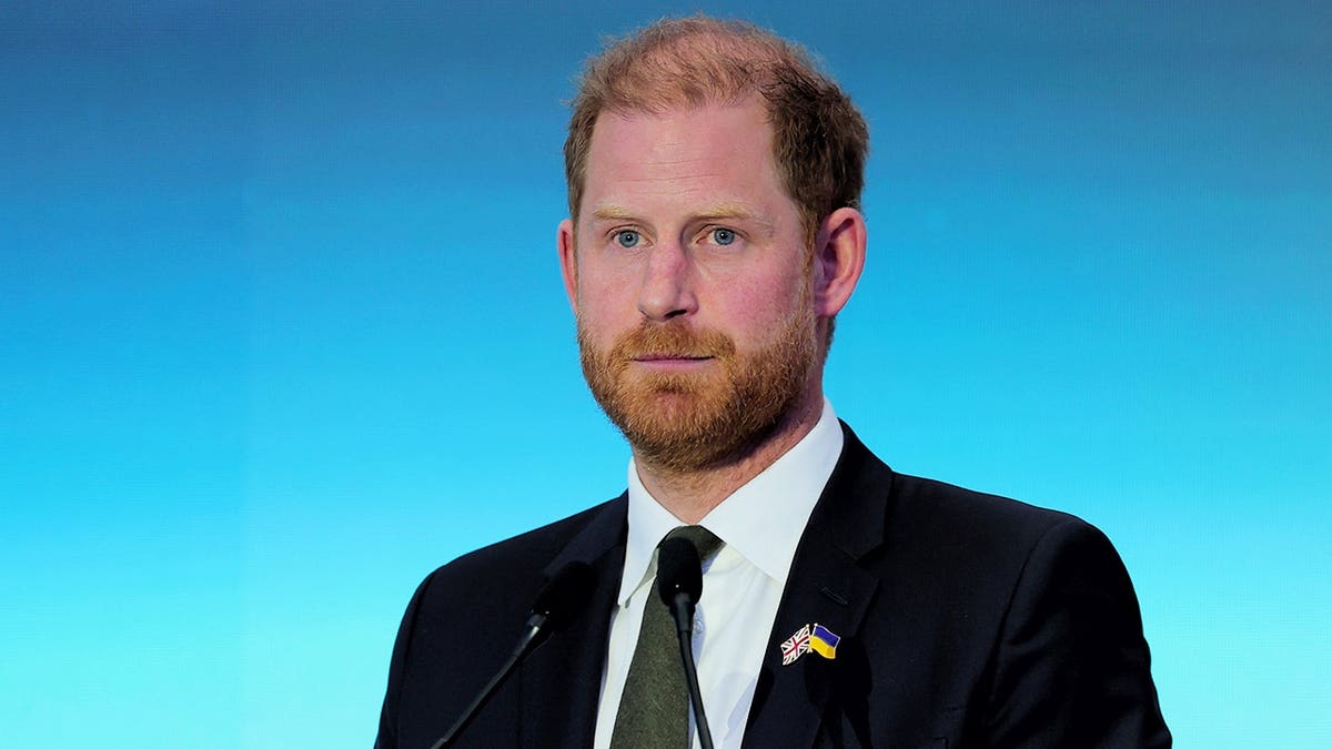Prince Harry speaking at the Kyiv Security Forum in Kyiv, Ukraine