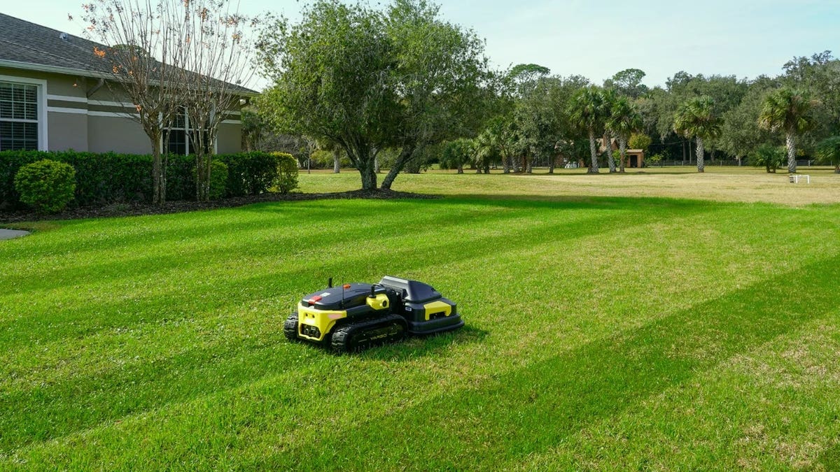 A robot lawn mower in the middle of a lawn