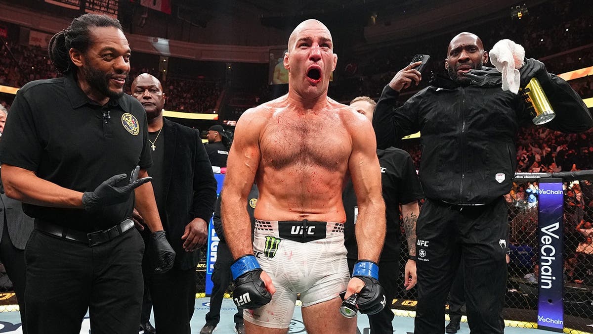 Sean Strickland reacts after his split decision victory at UFC 328 in Newark, New Jersey
