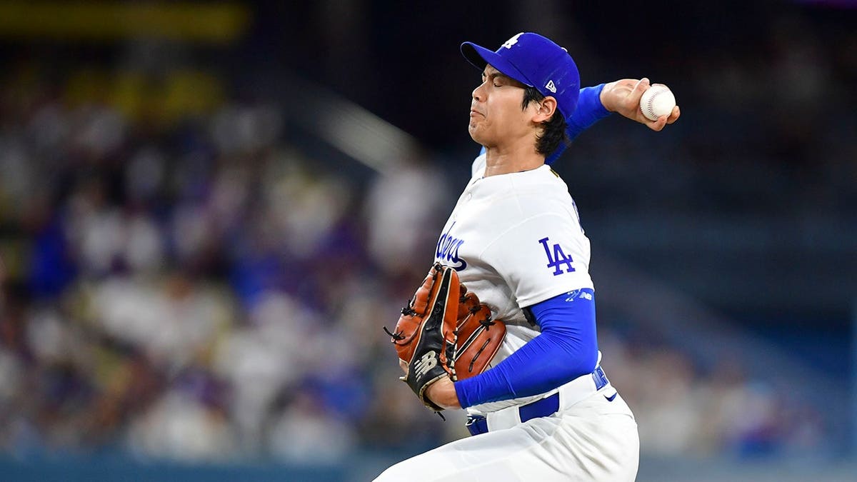 Shohei Ohtani pitches for the Los Angeles Dodgers at Dodger Stadium