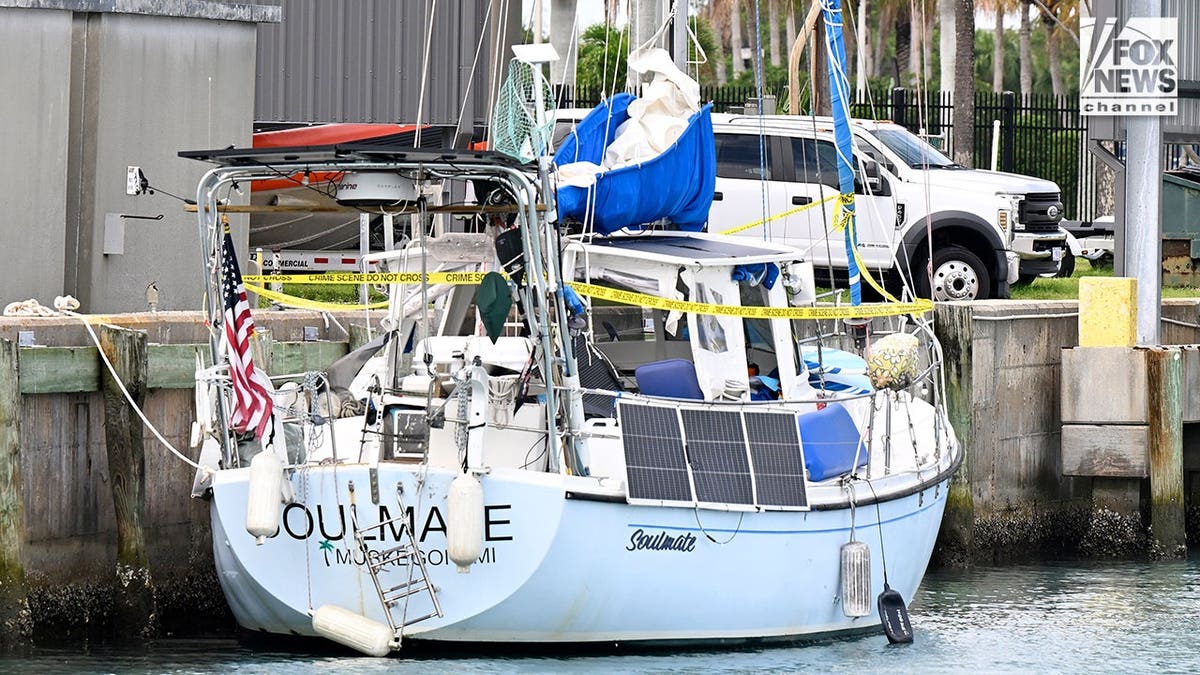Crime scene tape across the boat Soulmate belonging to Brian Hooker and his missing wife Lynette Hooker.