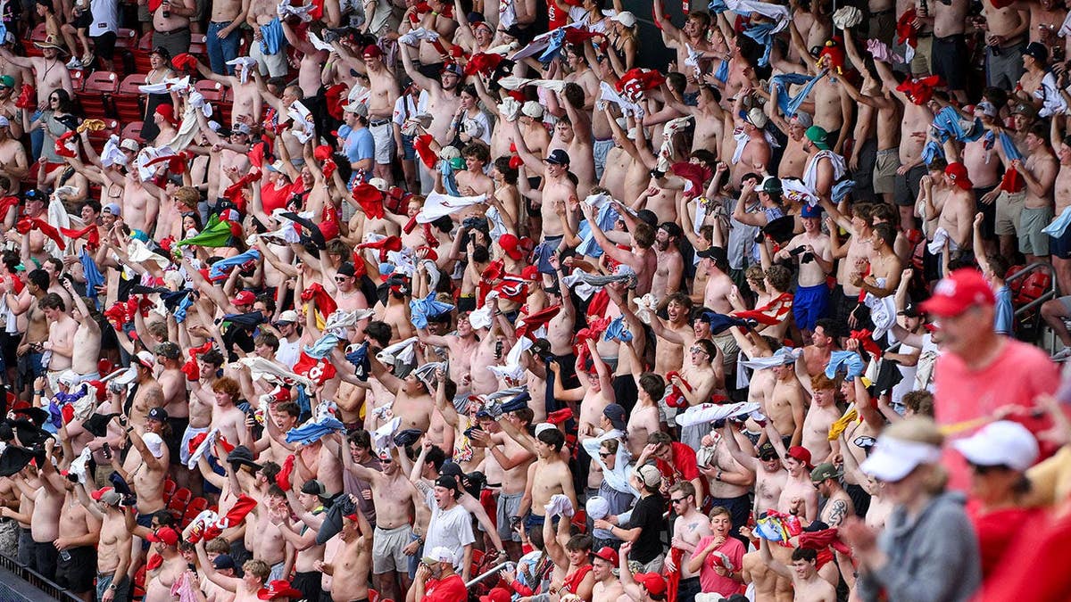 Shirtless St. Louis Cardinals fans celebrating astatine Busch Stadium