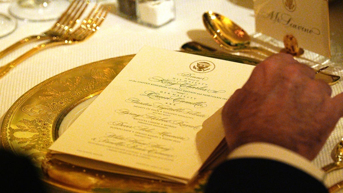 Menu displayed at the State Dinner for King Charles III and Queen Camilla at the White House