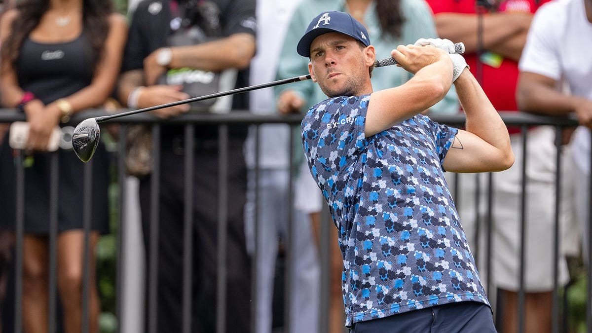 Thomas Pieters tees off on the first hole at LIV Golf Indianapolis