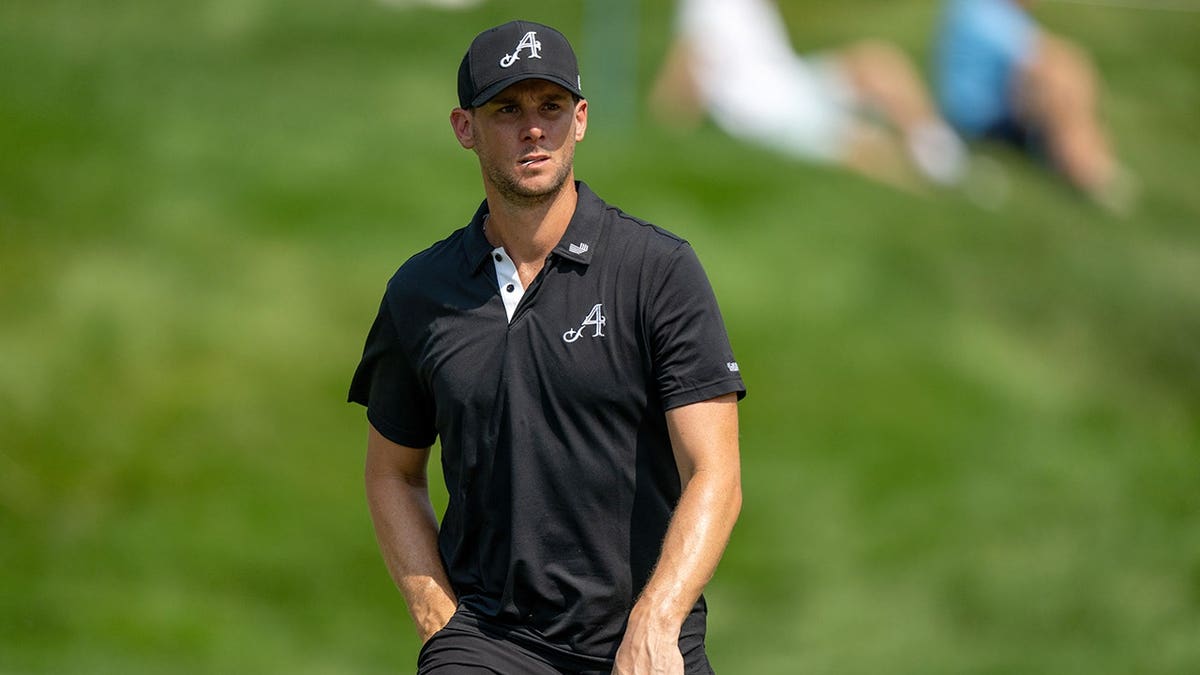 Thomas Pieters tees off on the third green at LIV Golf Indianapolis