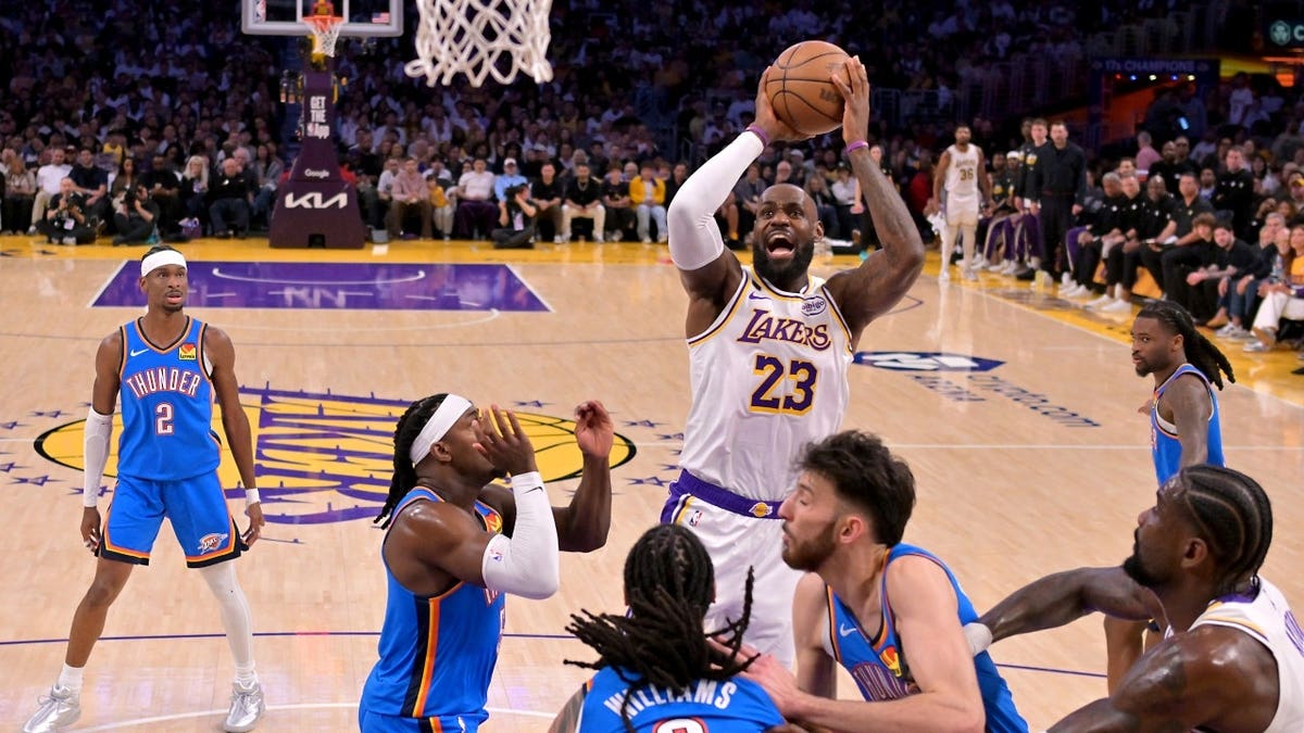 Los Angeles Lakers All-Star LeBron James shoots over the Oklahoma City Thunder in Game 3 of the second round of the 2026 NBA Playoffs at Crypto.com Arena.