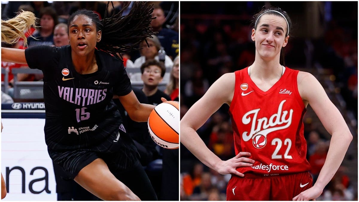 Tiffany Hayes do Golden State Valkyries e Caitlin Clark do Indiana Fever em uma imagem lado a lado.