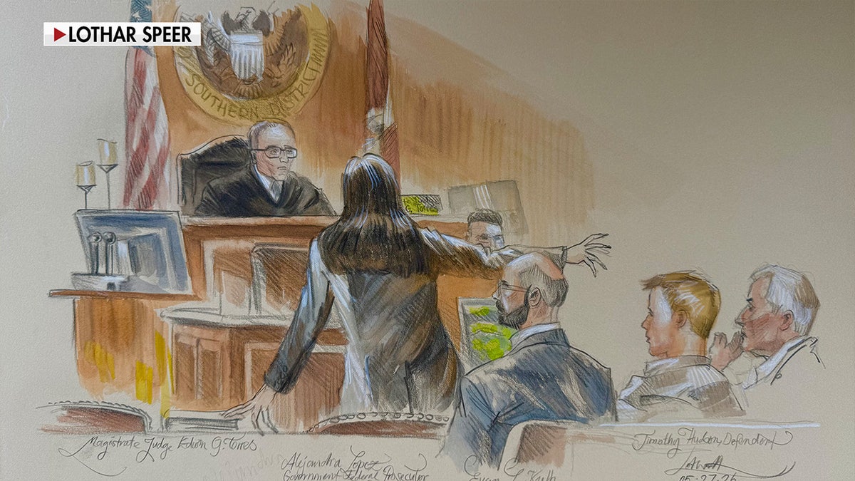 Dibujo de un abogado de oficio defendiendo un caso