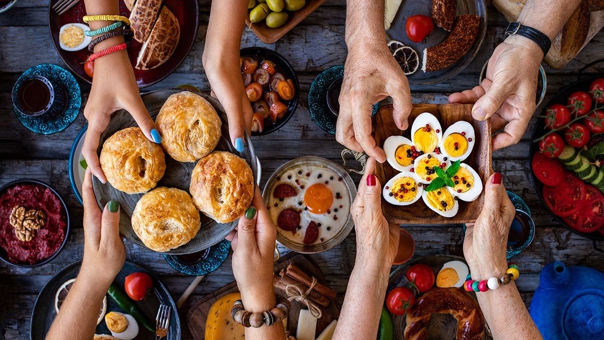 Top view of a traditional breakfast spread with various dishes