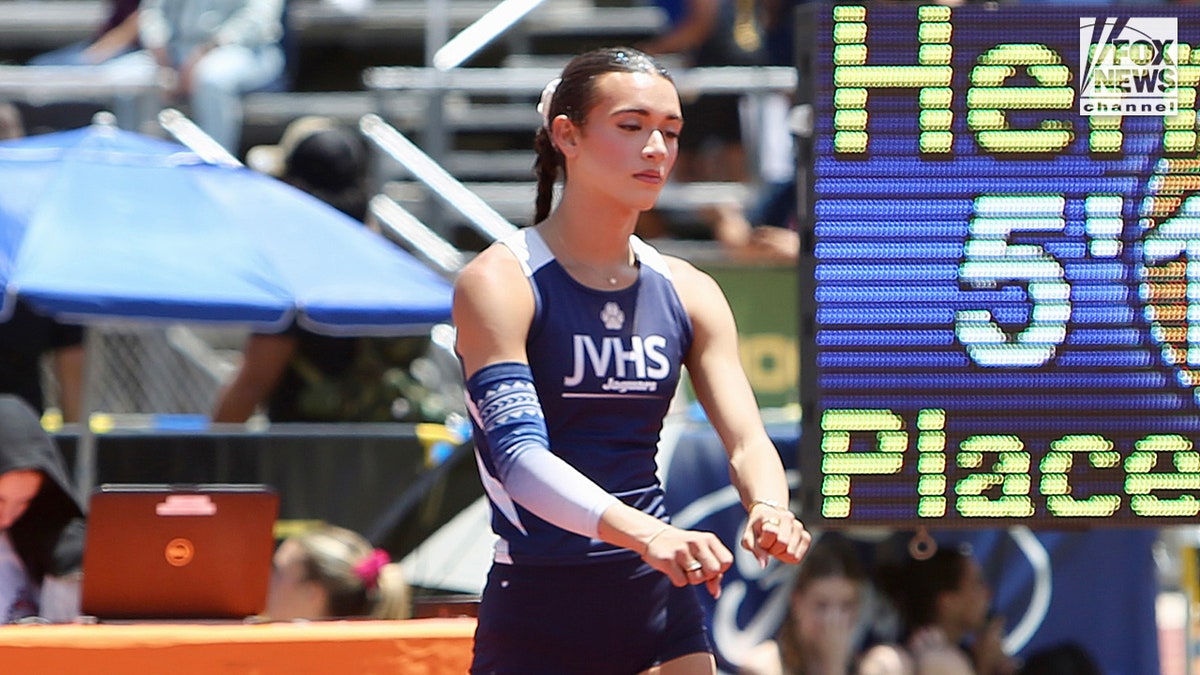 Transgender student athlete AB Hernandez competing in a girls high jump event in Moorpark, California.
