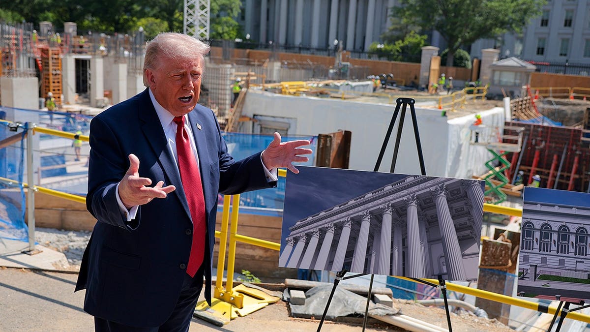 Donald Trump speaking to reporters in front of ballroom construction