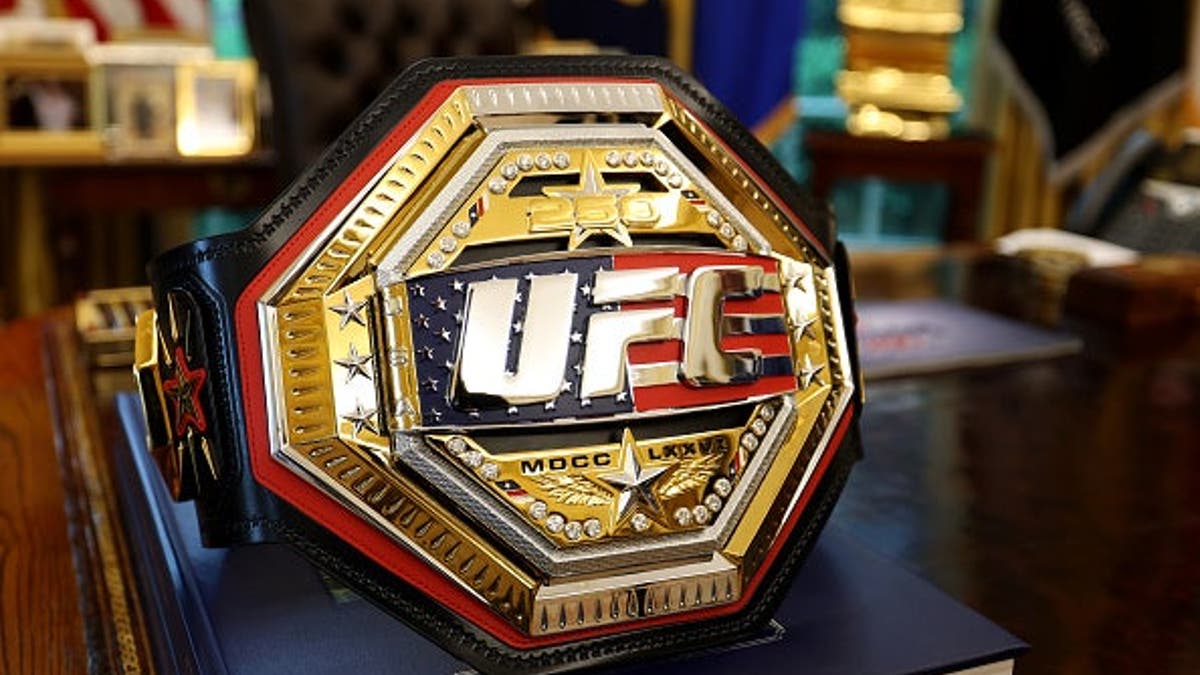 UFC Freedom 250 championship belt displayed inside the Oval Office at the White House