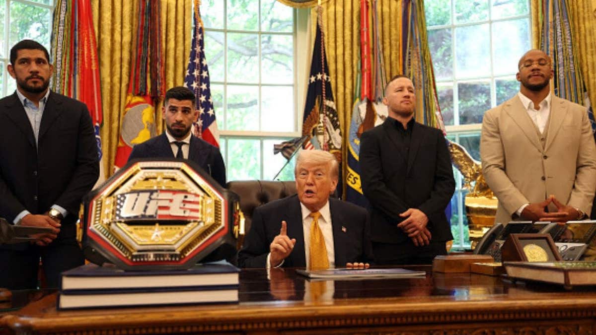 WASHINGTON, DC - MAY 06: President Donald Trump speaks to reporters in the Oval Office alongside UFC Freedom 250 fighters Ilia Topuria, Alex Pereira, Justin Gaethje, and Ciryl Gane at the White House on May 06, 2026 in Washington, DC. (Photo by Scott Taetsch/Zuffa LLC)