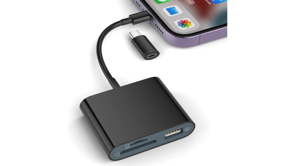 This SD card adapter offers dual compatibility with USB-C and Lightning ports.