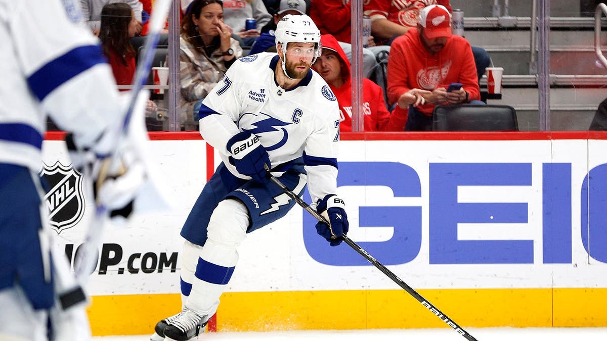 Victor Hedman handling the puck during a hockey game at Little Caesars Arena