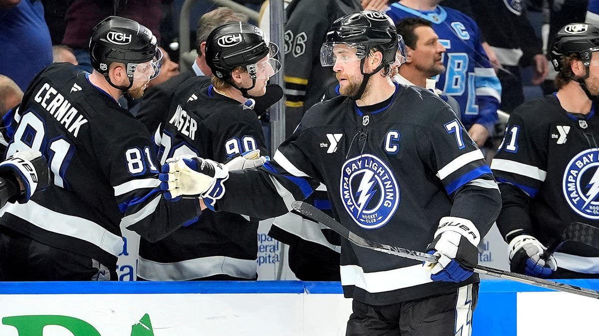 Victor Hedman celebrating a goal during an NHL game in Tampa