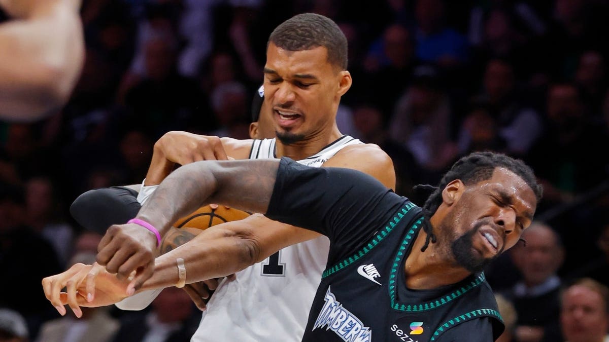 Victor Wembanyama committing a flagrant foul against Naz Reid during an NBA playoff game