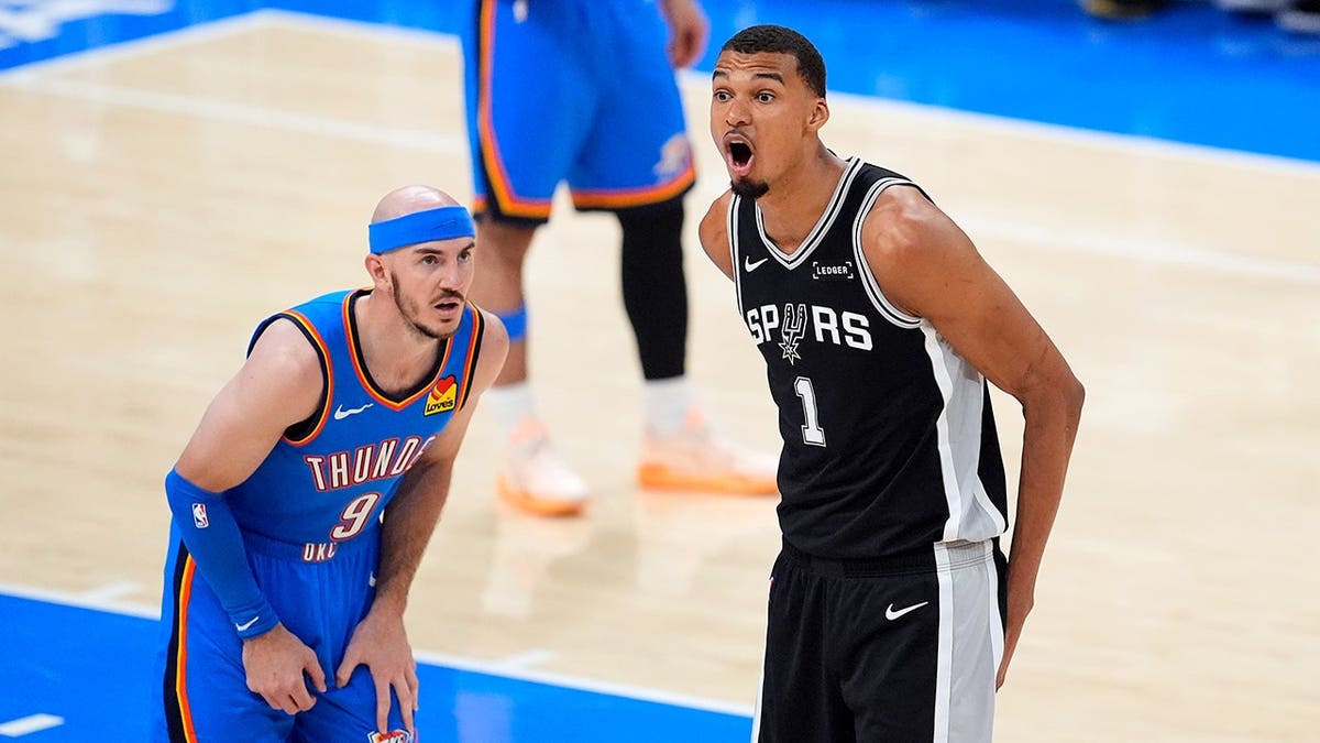 San Antonio Spurs guardant  Victor Wembanyama reacting during NBA playoff crippled  successful  Oklahoma City