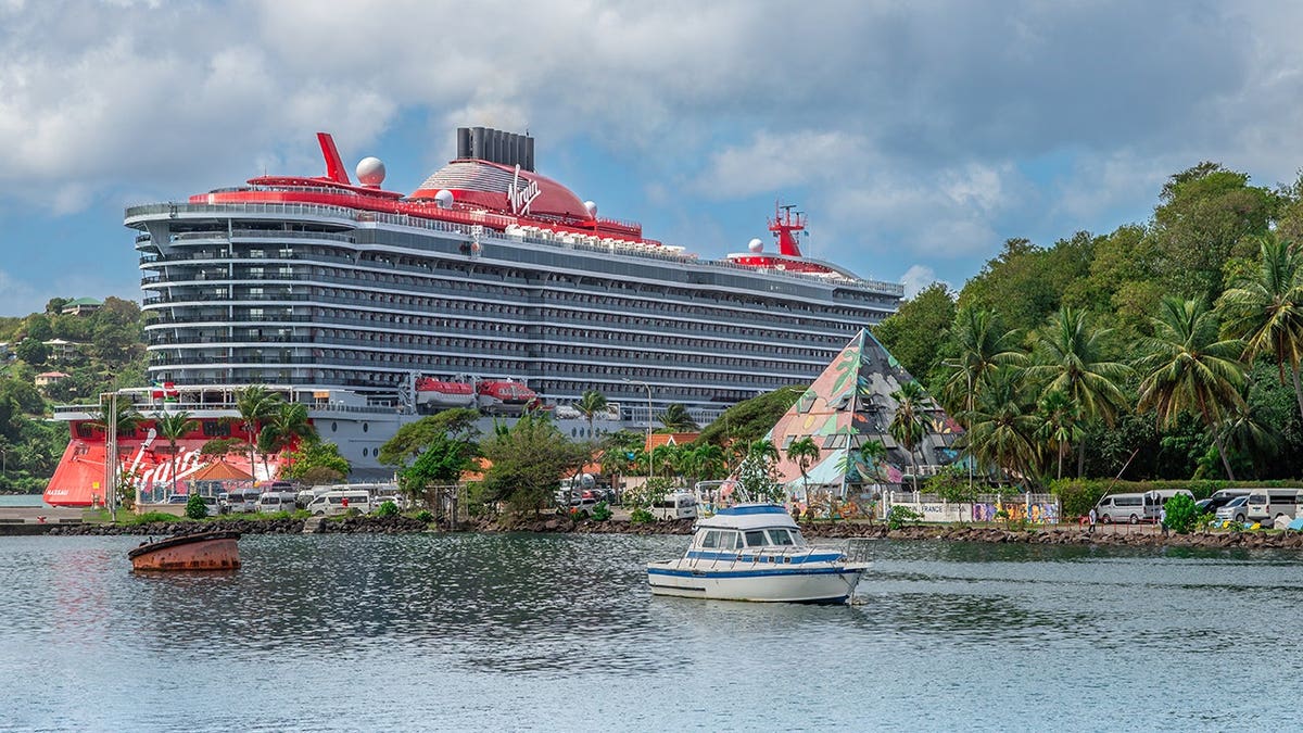 Virgin Voyages Resilient Lady cruise ship docked at port in Castries Saint Lucia
