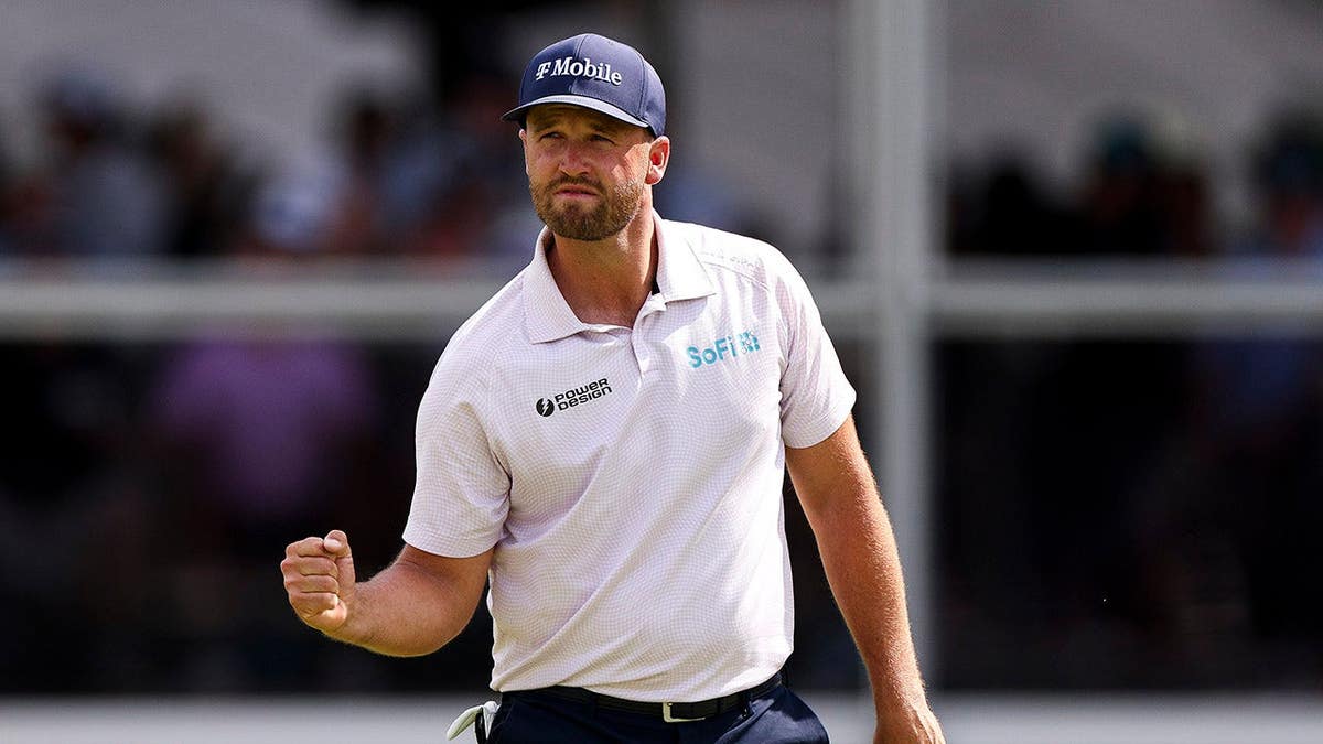 Wyndham Clark reacts after making a birdie on the green of the 17th hole at TPC Craig Ranch