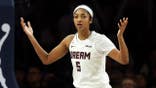 Angel Reese of the Atlanta Dream reacts during a basketball game at Target Center in Minneapolis
