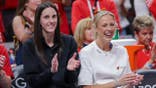 Caitlin Clark and Sophie Cunningham reacting during WNBA playoff game at Gainbridge Fieldhouse