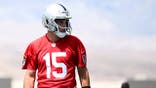 Las Vegas Raiders quarterback Fernando Mendoza running during a drill at a rookie minicamp