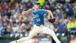 Milwaukee Brewers pitcher Jacob Misiorowski throwing a pitch at American Family Field