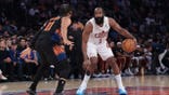 Cleveland Cavaliers PG James Harden sizes up New York Knicks PG Jalen Brunson during Game 2 of the 2026 Eastern Conference Finals at Madison Square Garden.