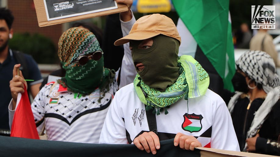 Masked protesters at NYC Nakba 78 march