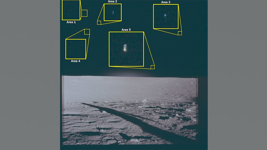 A view of the lunar landscape from the Apollo 12 landing site showing five highlighted areas of interest labeled Area 1 through Area 5 above the horizon.