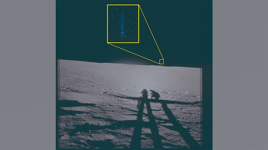 A view of the lunar landscape from the Apollo 12 landing site featuring a digital highlight box positioned above the horizon line.