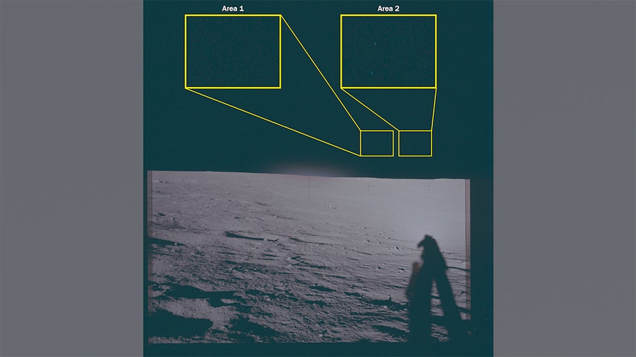 A view of the lunar surface from the landing site of Apollo 12 showing two highlighted boxes labeled Area 1 and Area 2.