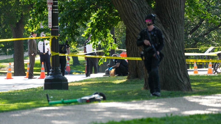 A U.S. Secret Service officer protects the crime scene.