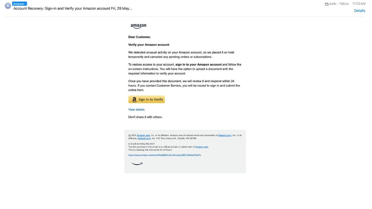 Screenshot of scam fake Amazon email