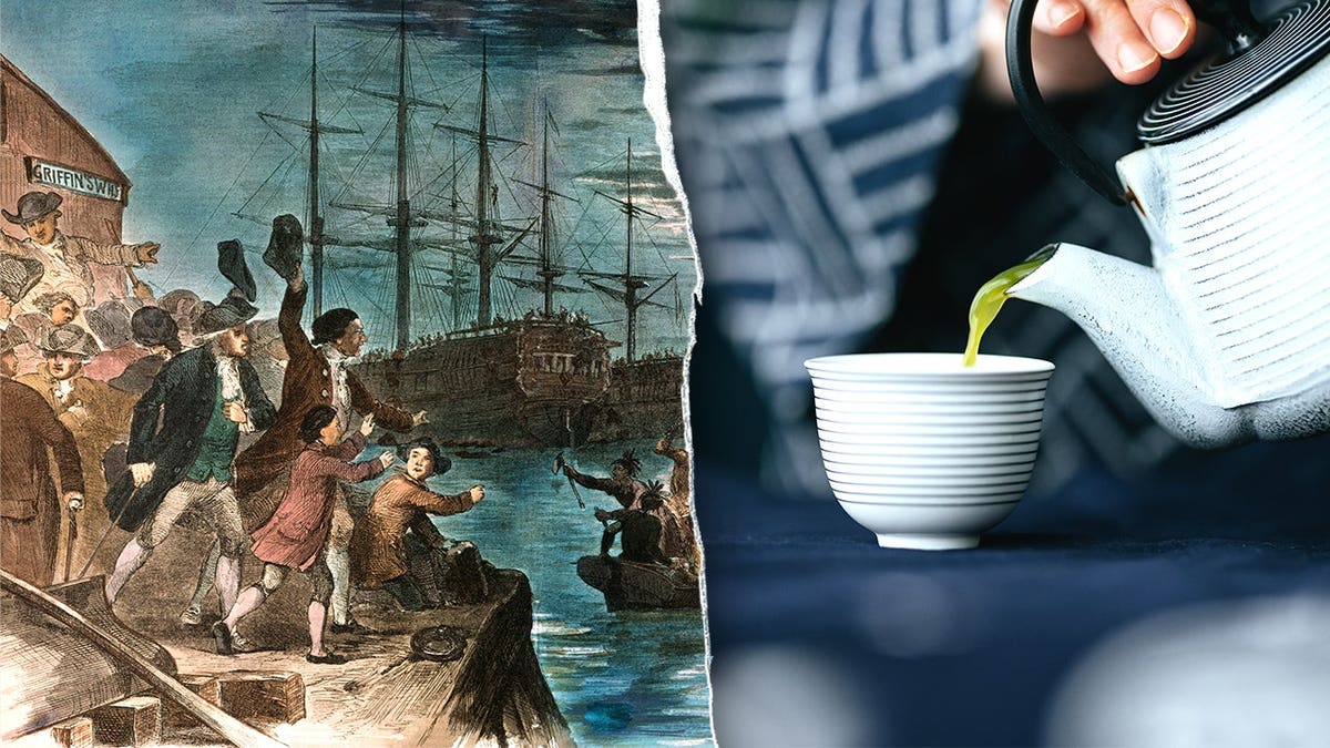 Split image of Boston Tea Party, stock image of woman pouring tea