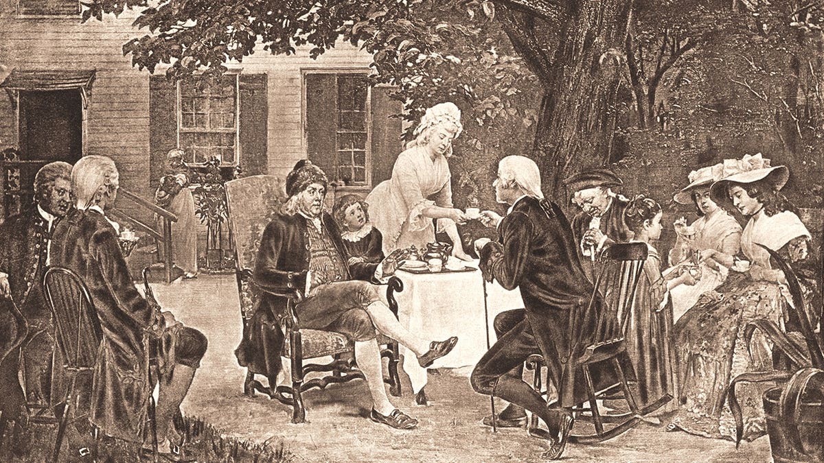 Depiction of Ben Franklin drinking tea at table