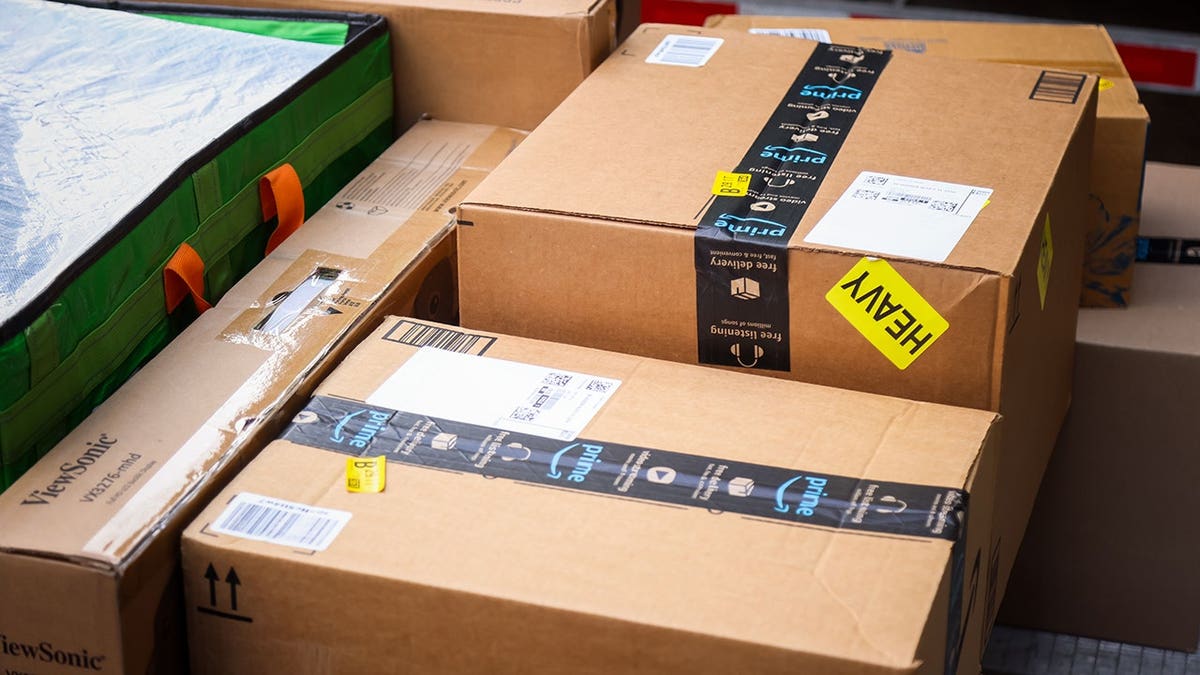 Amazon packages on a doorstep.
