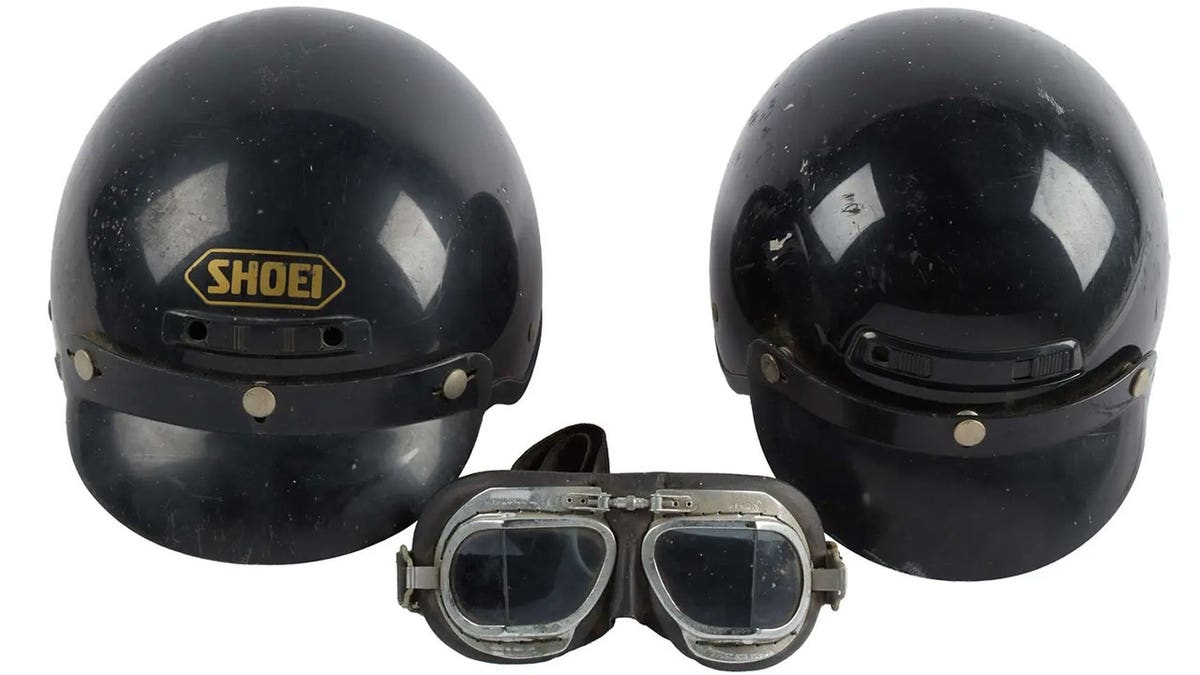 Ann-Margret's motorcycle helmets were lined up.