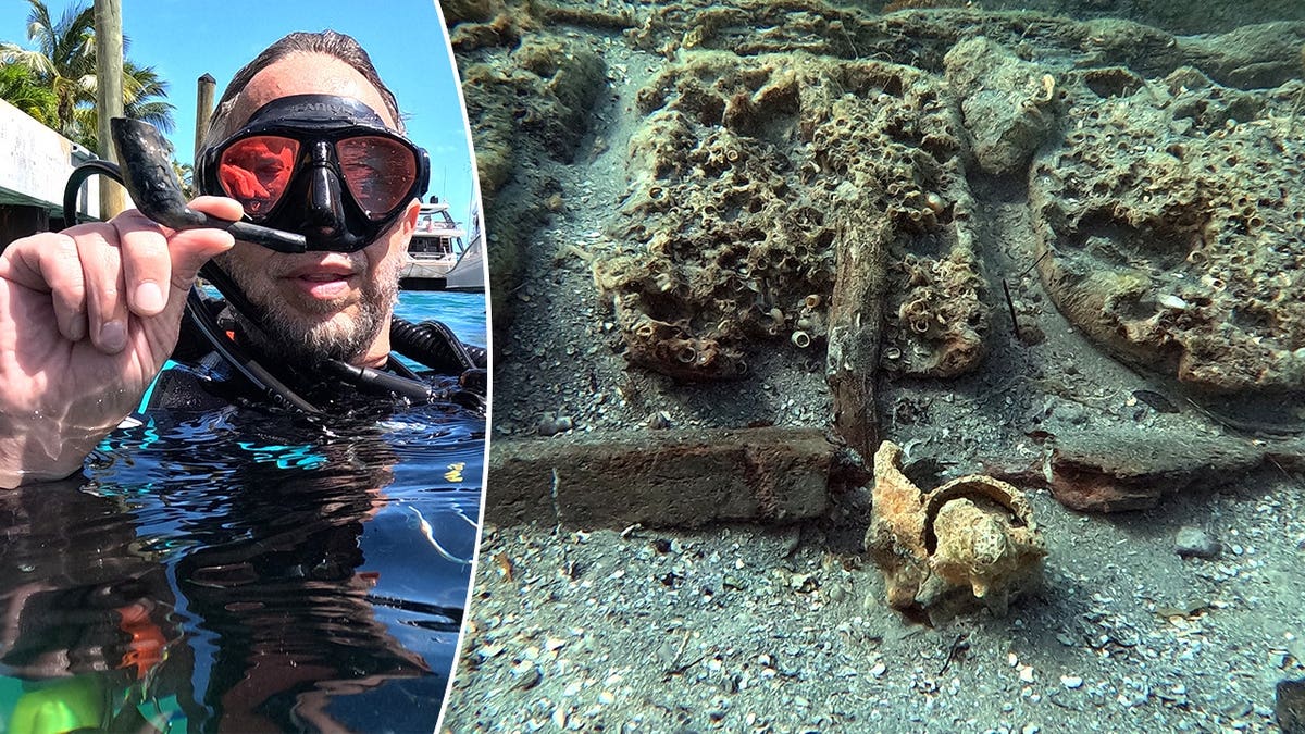 Diver holding artifact next to shot of seafloor
