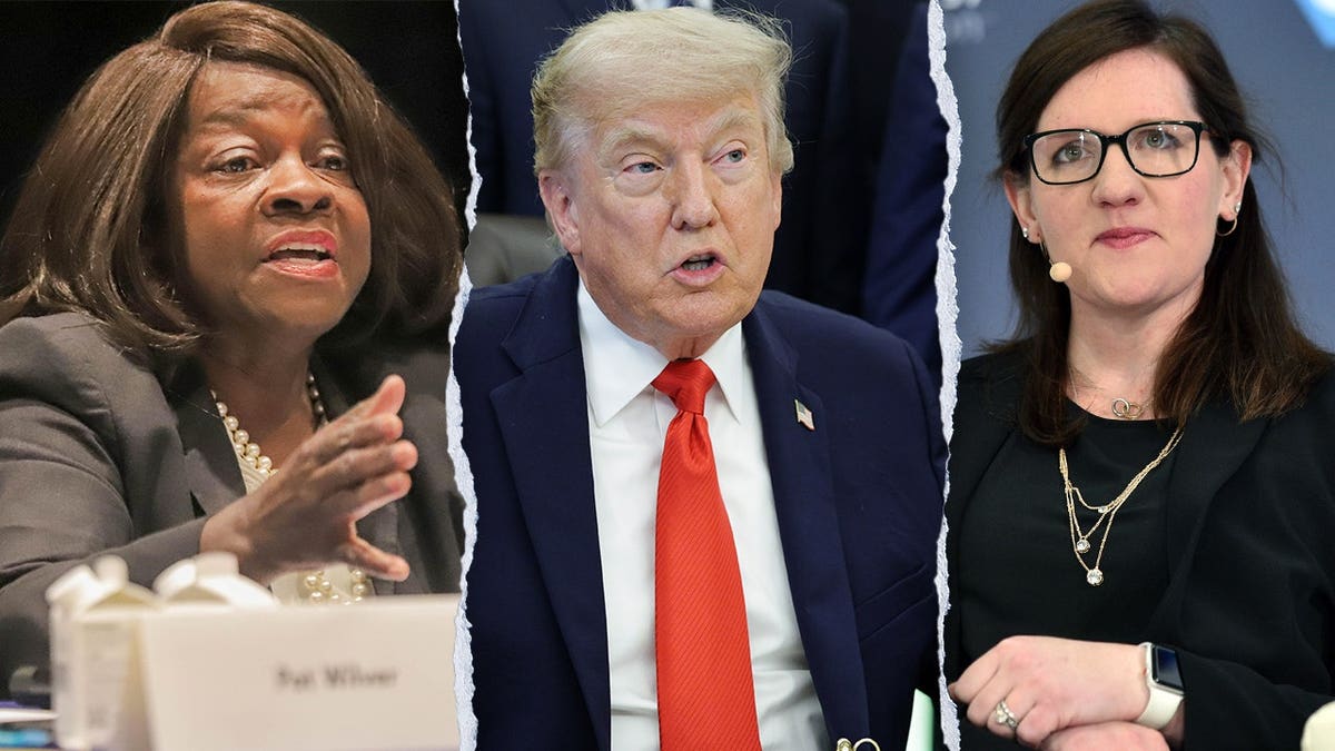 Rebecca Slaughter, Donald Trump, and Lisa Cook shown in a three-way split screen image. Caption: A combination image shows Federal Trade Commissioner Rebecca Slaughter at CES 2020 in Las Vegas on January 7, 2020; U.S. President Donald Trump during a ceremony in the Oval Office on June 11, 2026; and Federal Reserve Governor Lisa Cook during a forum at Stanford University on May 27, 2026.