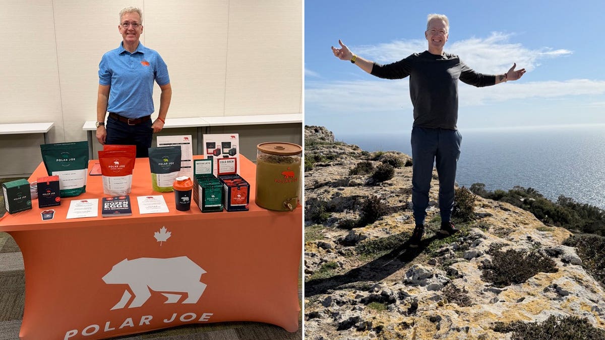 Darcy Haggith is shown standing at a table of Polar Joe products, left, and posing for a picture on a mountaintop.