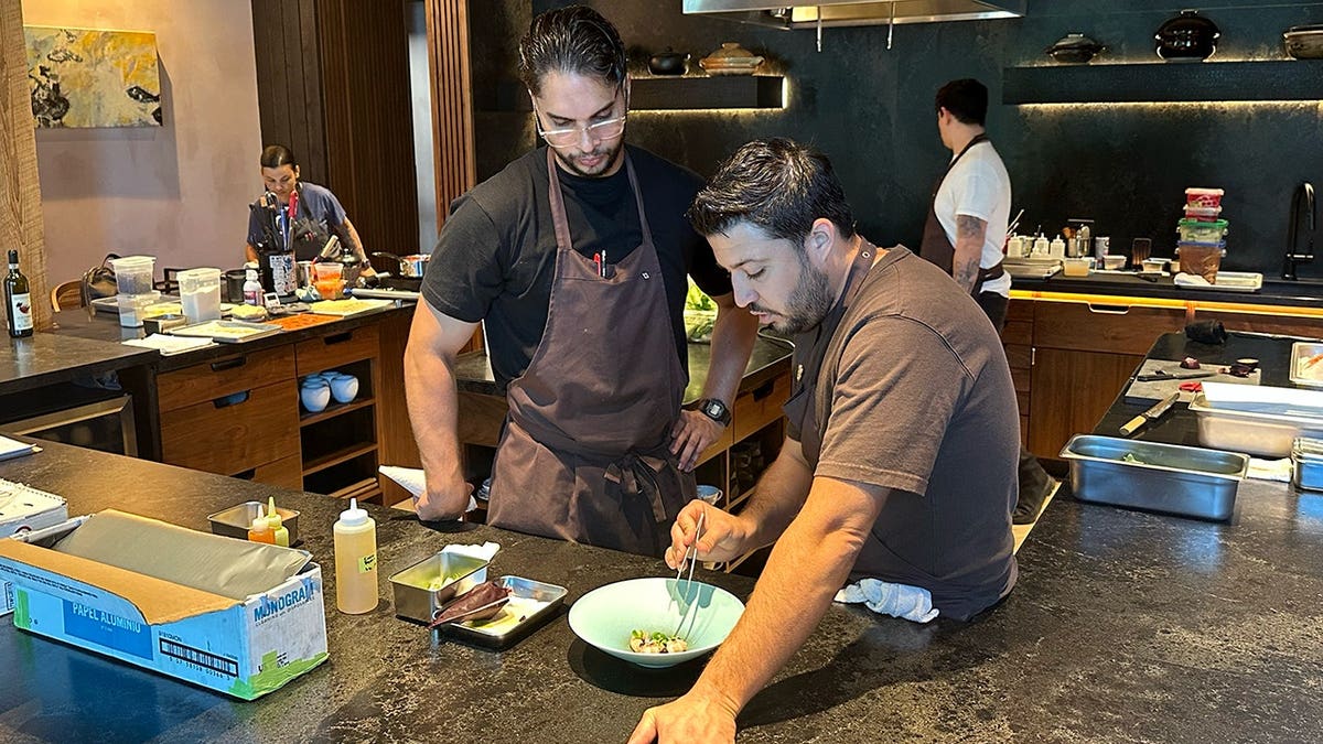 A restaurant chef and a kitchen assistant inspect a dish