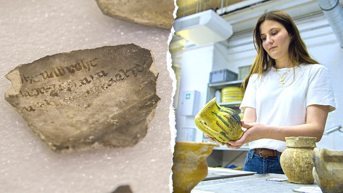 Split image of archaeologist working, mysterious writing on ceramic