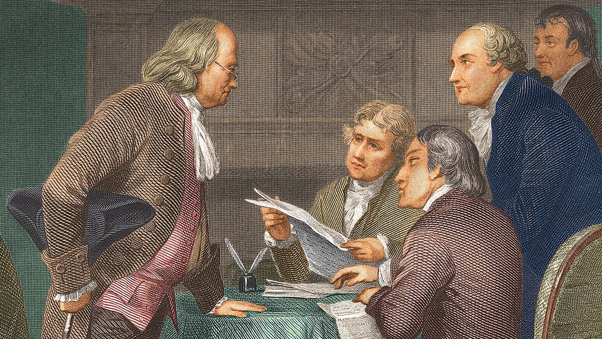 Illustration of Jefferson editing Declaration with Franklin, Adams