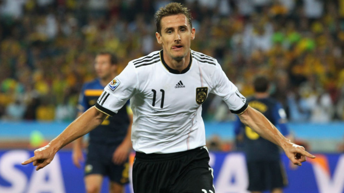 Miroslav Klose of Germany celebrating after scoring a goal at Durban Stadium.